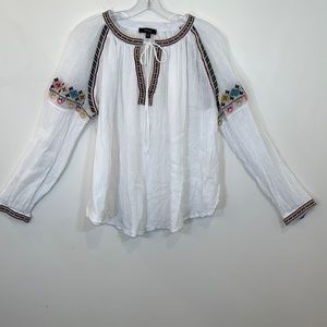 Very J-Embroidered Gauze, tie v neck Boho top Sz. S  EUC